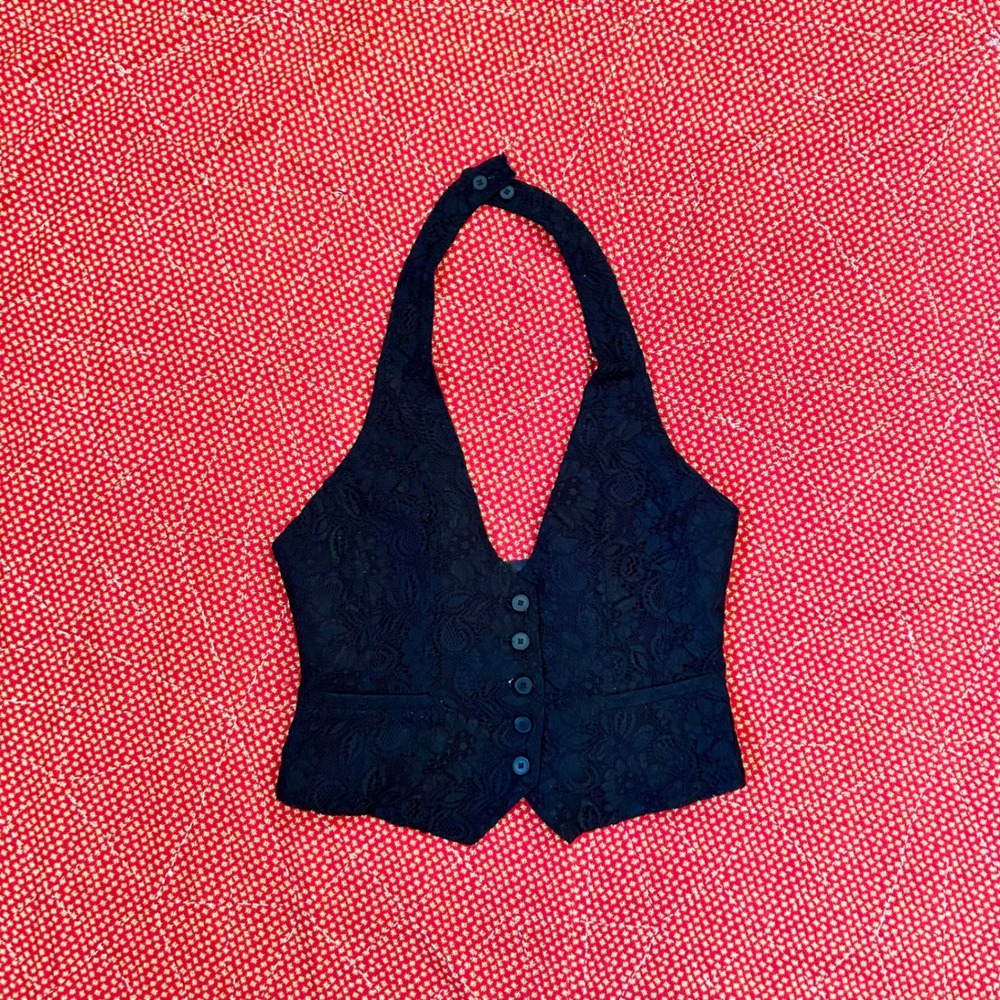 New York & Company Black Floral Lace Halter Vest Waistcoat Size 6 Vintage Style